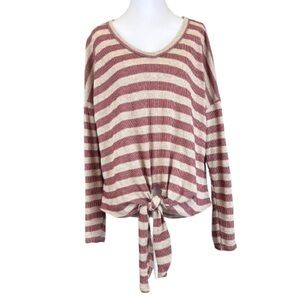 Altar’d State Striped Tie Front V-Neck Long Sleeve Sweater Elbow Patch Top M